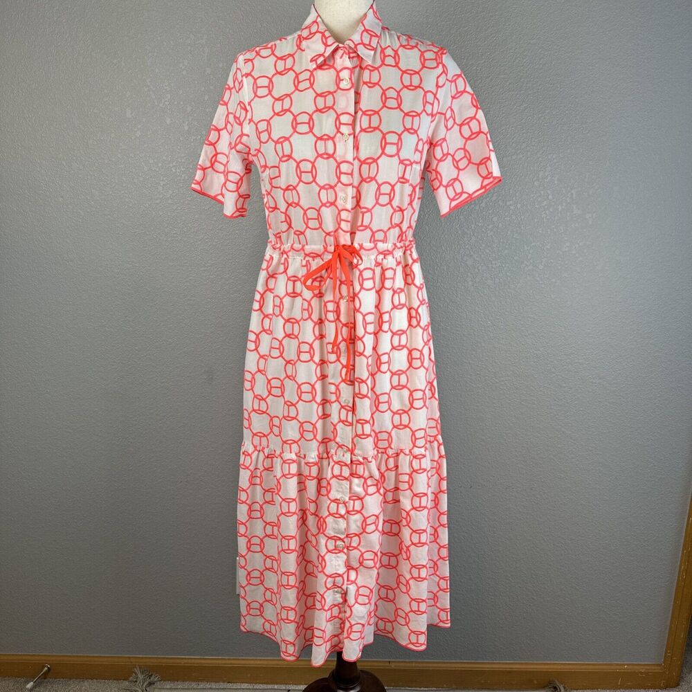 Vilagallo Womens Tired Midi Shirt Dress Size 42 / 8 White Orange Geo Embroidered